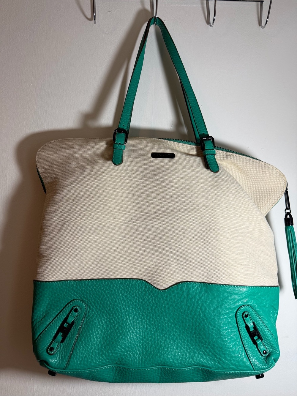 Rebecca Minkoff Cream Zip Top Canvas Tote Bag with Green Straps